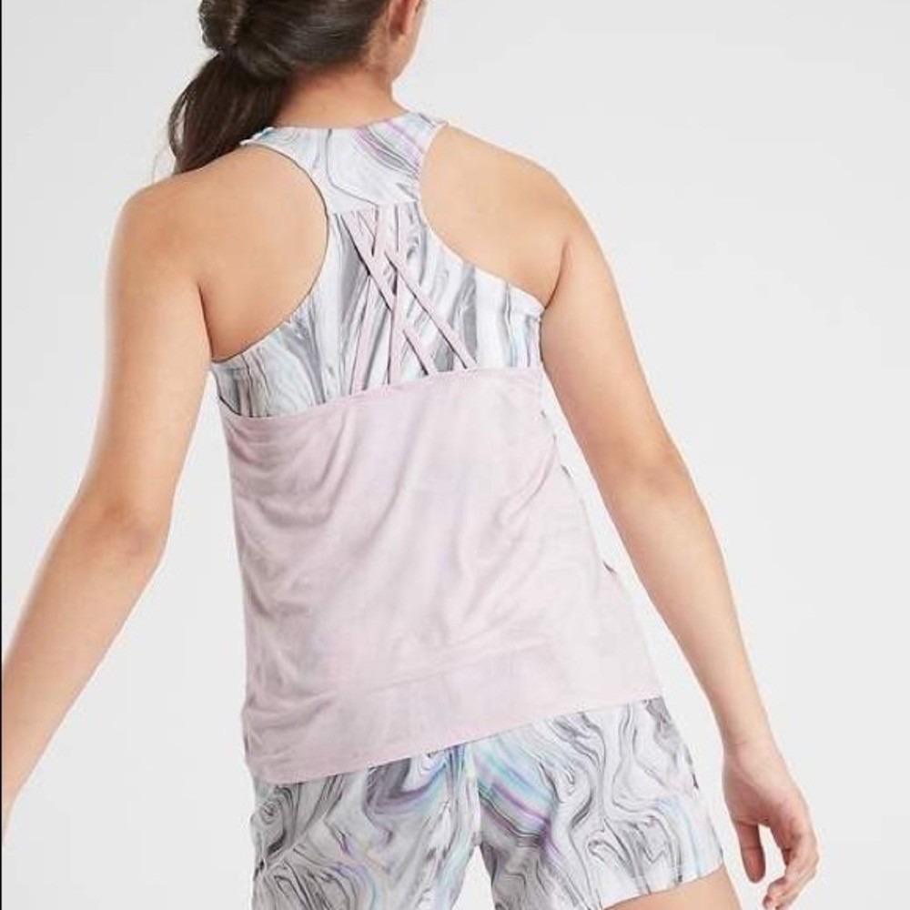 Athleta Girl Team Layer Tank Size XXL 16 Criss-Cross Straps Pink Marble Sporty